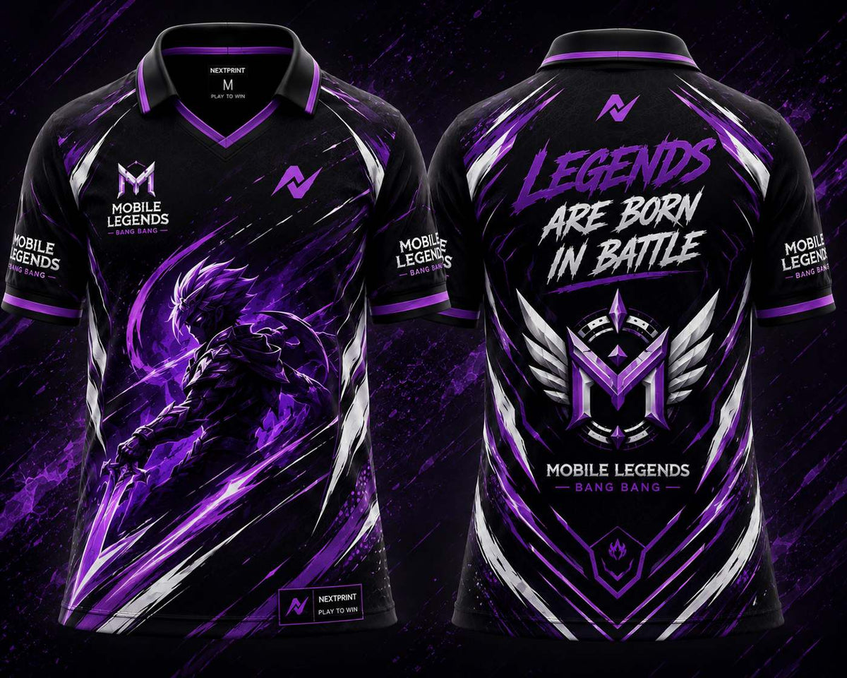 Front and back view of the NextPrint Shadow Blade Mobile Legends jersey featuring black, purple, and silver esports graphics with warrior artwork and futuristic gaming styling.