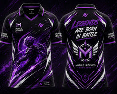 Front and back view of the NextPrint Shadow Blade Mobile Legends jersey featuring black, purple, and silver esports graphics with warrior artwork and futuristic gaming styling.