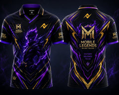 Front and back view of the NextPrint Shadow Nexus Mobile Legends jersey featuring black, purple, and gold esports graphics with premium gaming-inspired artwork and polo collar styling.