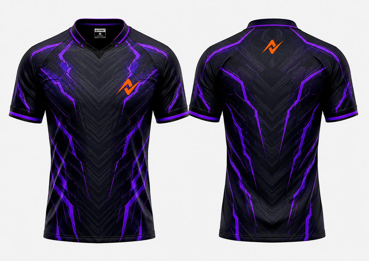 Front and back view of the NextPrint Shadow Pulse black and purple esports jersey featuring an orange chest logo and upper back neck logo with futuristic lightning patterns.