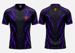 Front and back view of the NextPrint Shadow Pulse black and purple esports jersey featuring an orange chest logo and upper back neck logo with futuristic lightning patterns.