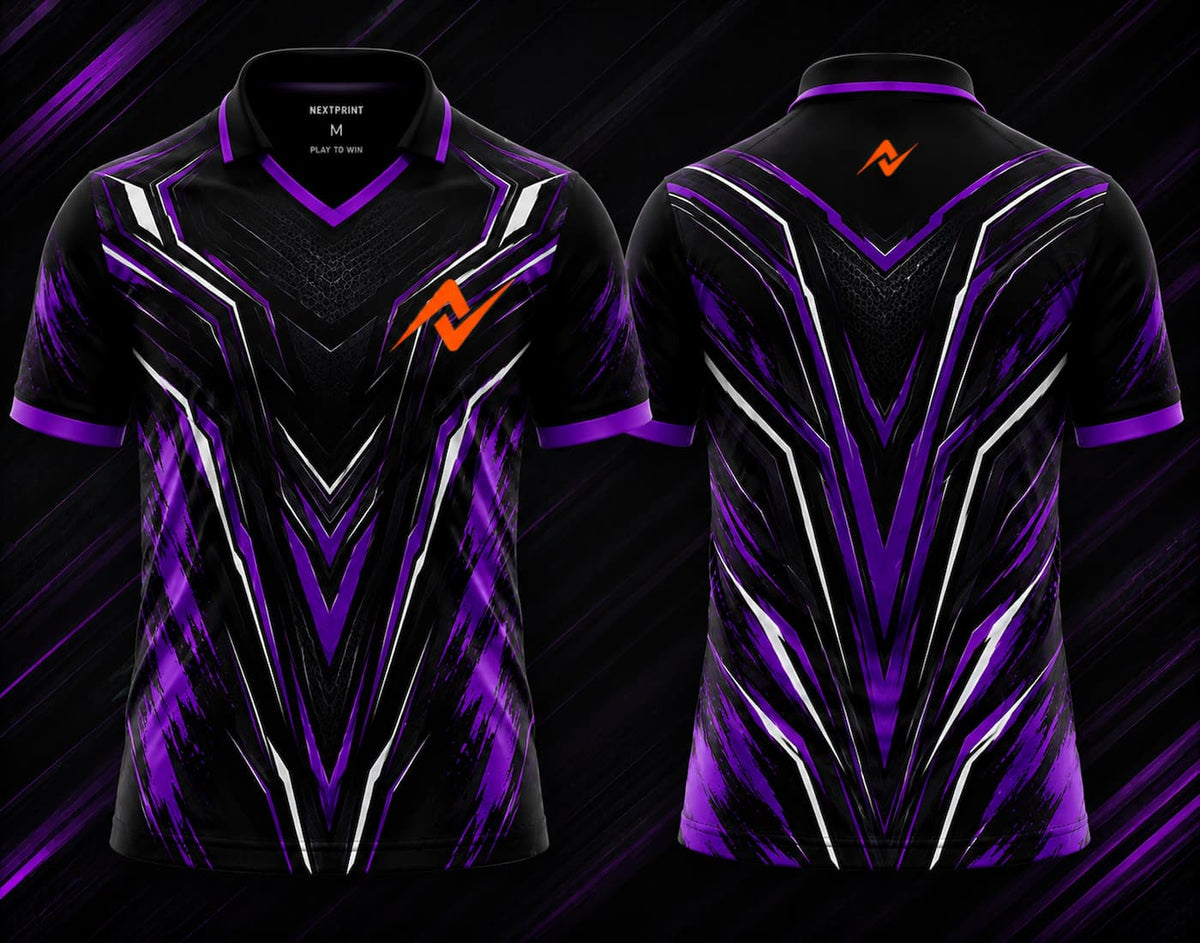 Front and back view of the NextPrint Shadow Pulse esports jersey featuring black, purple, and silver futuristic graphics with orange logo placement on the chest and upper back below the collar.