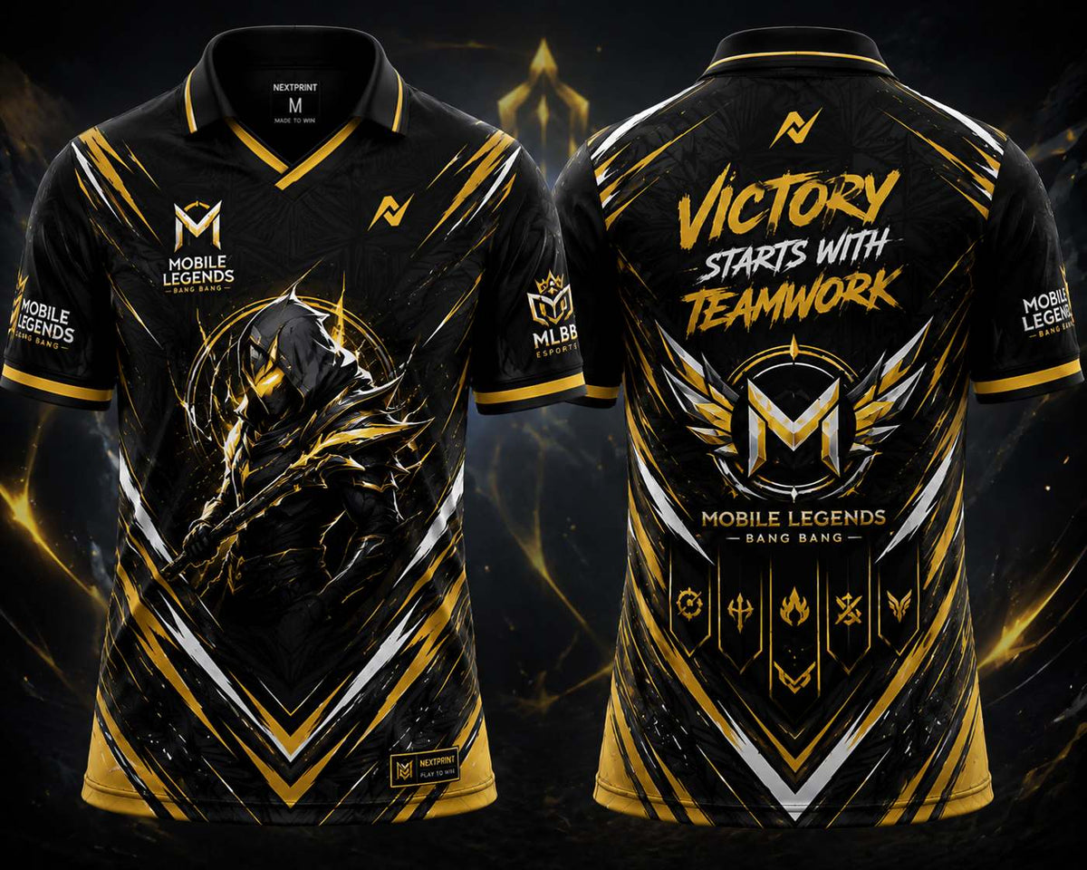 Front and back view of the NextPrint Shadow Reaper Mobile Legends jersey featuring black, gold, and silver esports graphics with warrior-themed artwork and premium gaming styling.