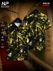 Black and yellow abstract geometric dry-fit polo sports jersey with front and back views featuring a modern performance design by NextPrint.