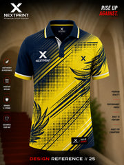 NextPrint Solar Impact polo cricket jersey featuring a bright yellow base with navy brushstroke graphics, halftone pattern, and premium polo collar.