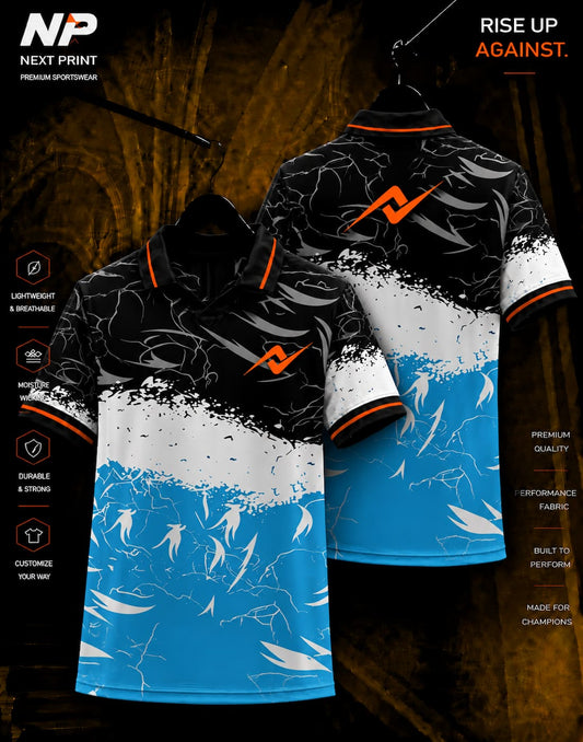 Next Print Storm Splash custom polo sports jersey featuring black, white and blue abstract design with front and back views