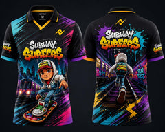 Front and back view of the NextPrint Subway Surfers Neon Rush Edition jersey featuring neon graffiti graphics, urban subway artwork, and premium gaming polo styling.