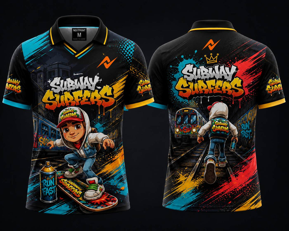Front and back view of the NextPrint Subway Surfers Night Run Edition jersey featuring colorful graffiti artwork, urban street graphics, and premium polo collar styling.