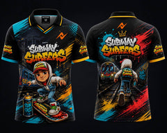 Front and back view of the NextPrint Subway Surfers Night Run Edition jersey featuring colorful graffiti artwork, urban street graphics, and premium polo collar styling.