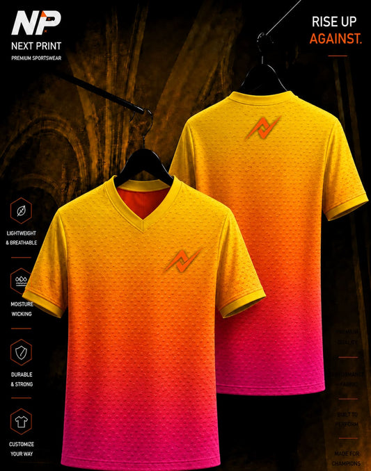 Yellow, orange and pink gradient custom sublimation sports jersey with textured pattern and Next Print logo on front and back.