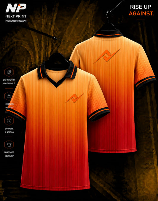 NextPrint Sunset Gradient Performance Polo Jersey front and back custom sublimation sports jersey in orange and red gradient with polo collar
