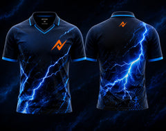 Front and back view of the NextPrint Thunder Surge esports jersey featuring black and electric blue lightning graphics with orange logo placement on the chest and upper back below the collar.