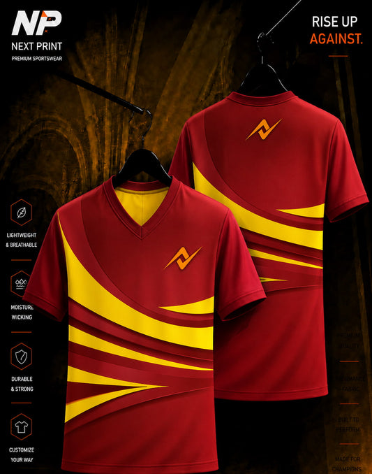 Front and back mockup of Next Print red and gold custom V-neck sublimation sports jersey with curved stripe design.