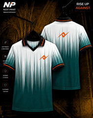 White and teal premium sublimation polo jersey with vertical speed line design, front and back mockup by Next Print.