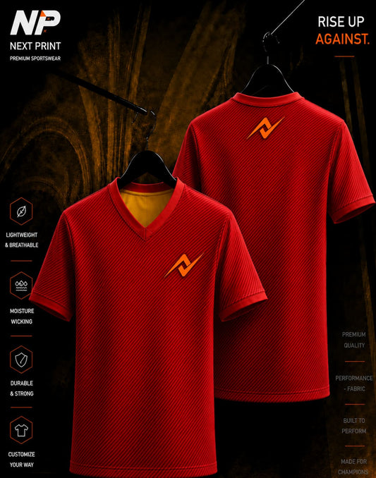 Next Print Velocity Red premium custom sublimation sports jersey with diagonal stripe texture front and back mockup
