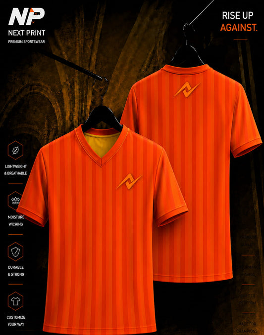 Premium orange sports jersey with vertical stripe pattern, front and back custom sublimation jersey by NextPrint.