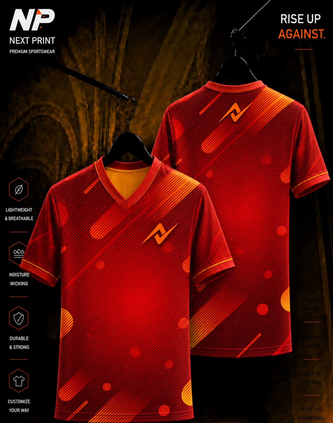 Next Print Velocity Stripes Red Custom Esports Jersey with premium sublimation diagonal stripe design shown in front and back view.