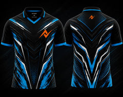 Front and back view of the NextPrint Velocity X esports jersey featuring black, electric blue, and silver futuristic graphics with orange logo placement on the chest and upper back below the collar.