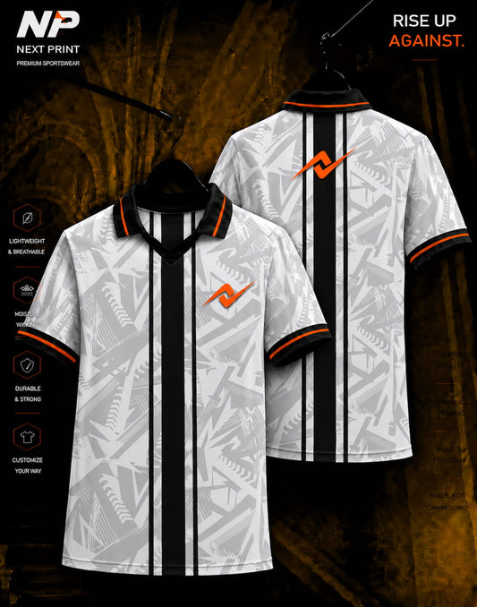 Next Print premium grey geometric polo jersey with black center stripe front and back view