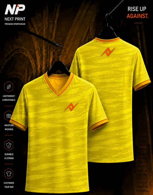 NextPrint Volt Strike yellow custom sublimation esports jersey with abstract brushstroke pattern, front and back mockup.