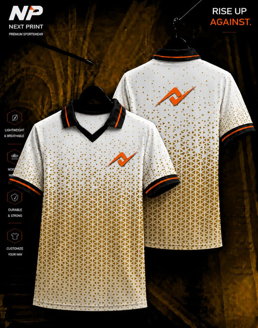 Next Print premium white and gold geometric sublimation polo jersey front and back mockup for cricket and team sports