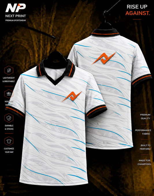 Next Print white wave performance polo jersey with blue accents shown in front and back view