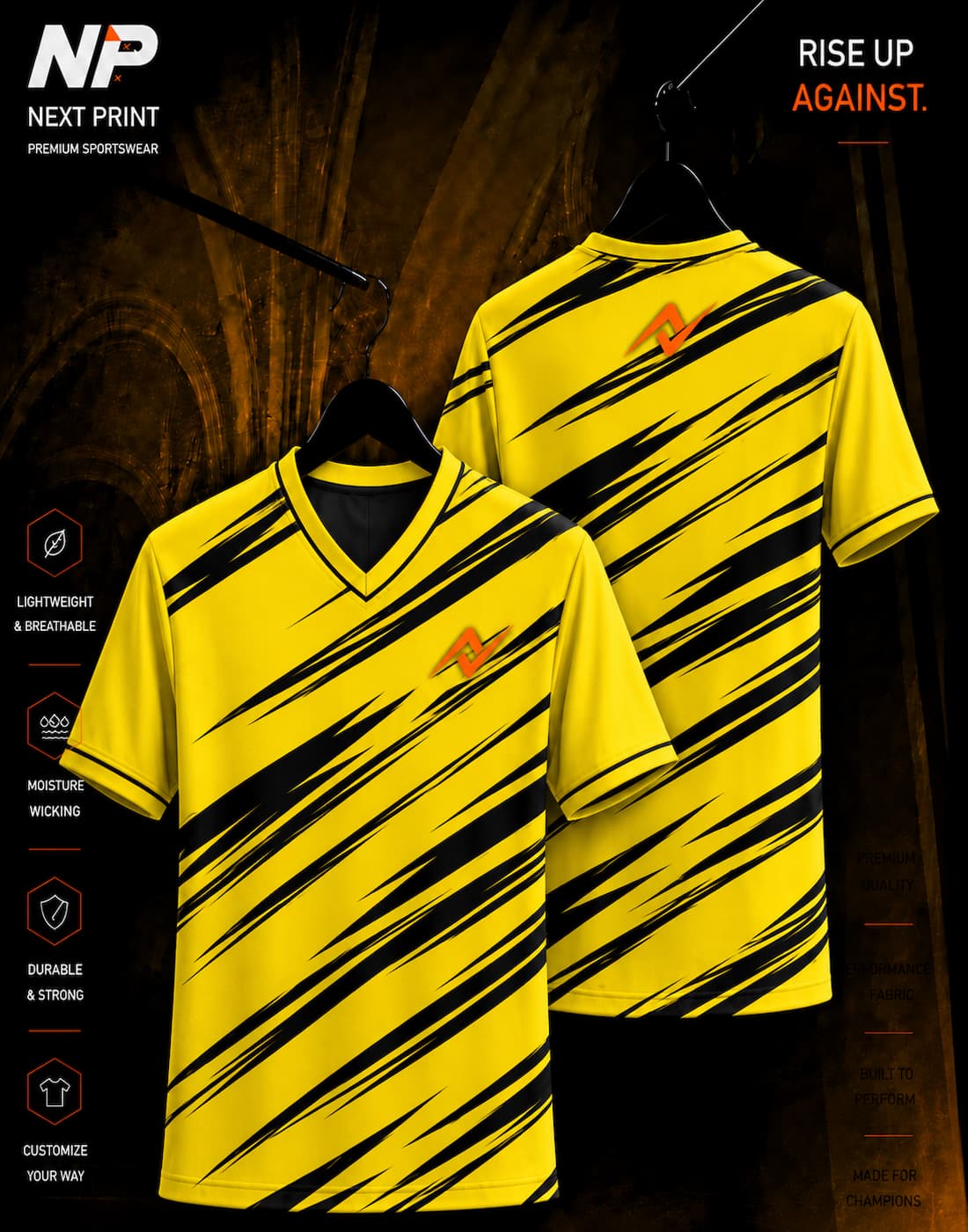 Yellow and black strike pattern custom sublimation sports jersey mockup with front and back views by NextPrint.