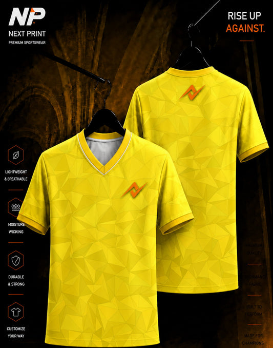 Yellow geometric polygon premium custom V-neck sports jersey by NextPrint with front and back mockup.