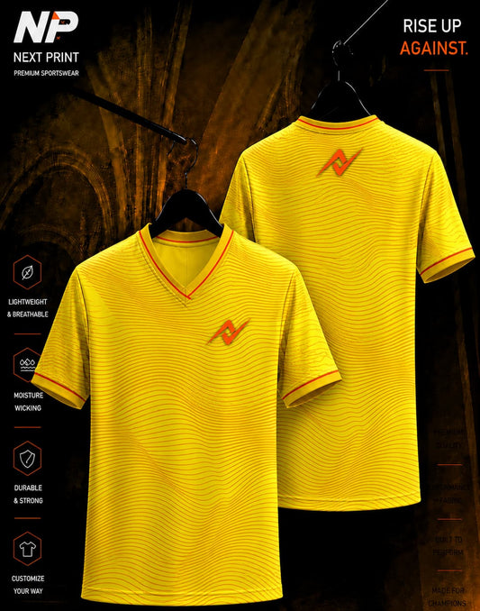 Yellow wave pattern custom sublimation sports jersey mockup with front and back views by NextPrint.