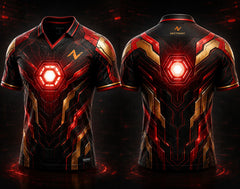 Front and back view of Nexus Forge metallic red, gold, and black V-neck esports polo jersey featuring a glowing reactor core design with side chest logo and back neck logo placement.