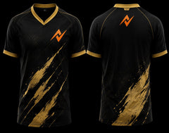 Black and gold V-neck esports jersey featuring premium gold brushstroke graphics with front and back views for professional gaming teams.
