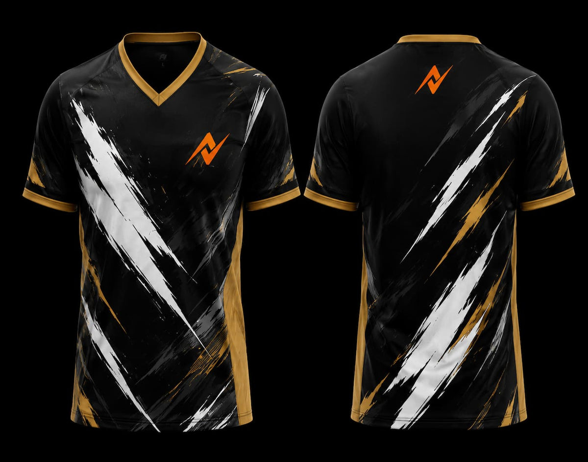 Front and back view of a black and gold V-neck esports jersey featuring white brushstroke graphics with an orange team logo on the chest and upper back.