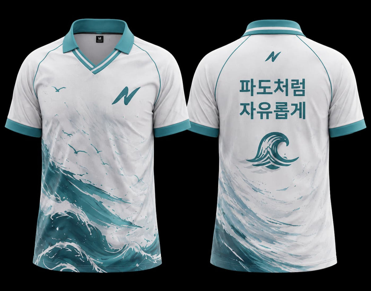 Front and back view of a white and aqua Ocean Breeze K-Pop esports jersey featuring ocean wave artwork, minimalist chest logo, back neck logo, and premium polo collar.