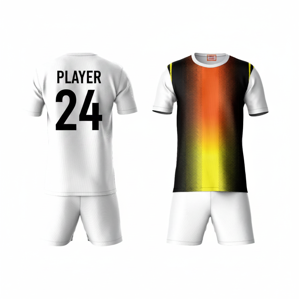 Orange black gradient activewear t-shirt with white shorts back view