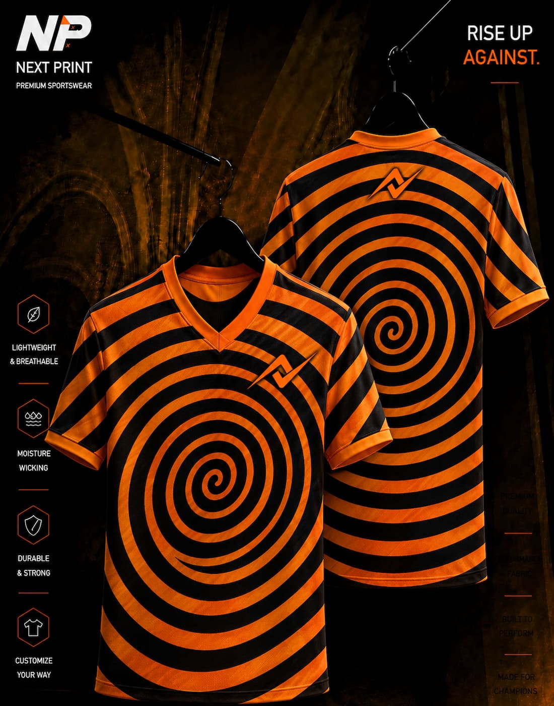 Orange and black hypnotic spiral V-neck sublimation sports jersey front and back by Next Print