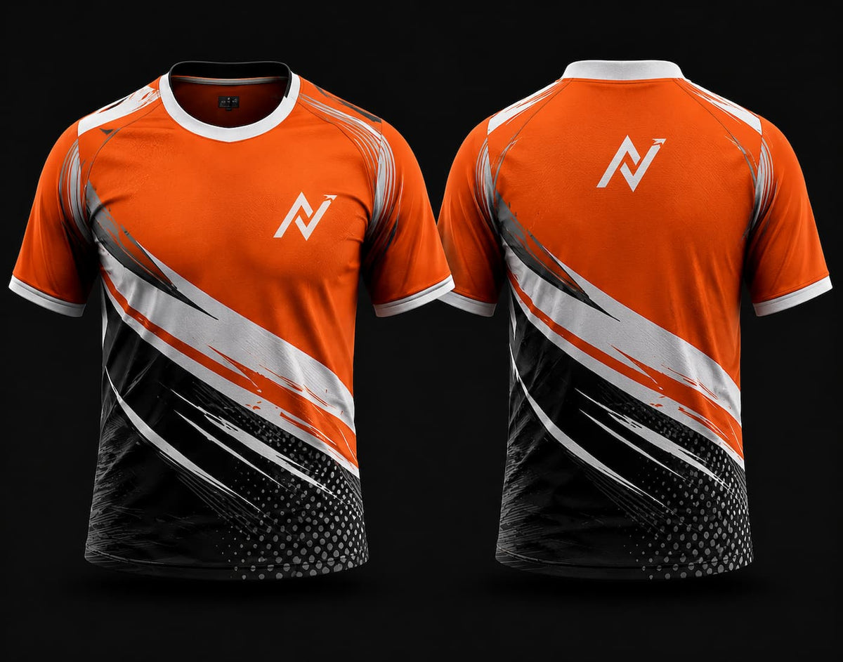 Front and back view of a premium orange and black round neck cricket jersey featuring bold diagonal white, black, and silver slash graphics with orange chest and back logos.