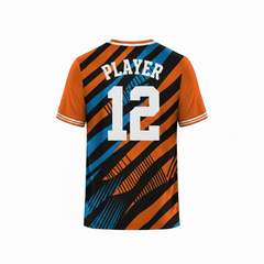 Orange and blue abstract sports t-shirt back design with dynamic black stripe pattern for custom sublimation team jersey printing by NextPrint India.