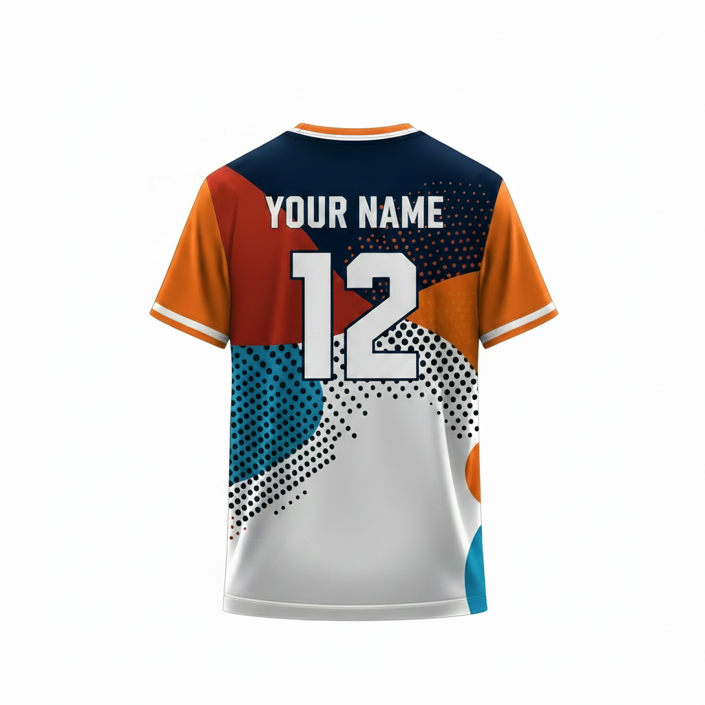 Orange, blue, and grey abstract sports t-shirt back design with halftone dot pattern for custom sublimation team jersey printing by NextPrint India.