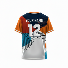 Orange, blue, and grey abstract sports t-shirt back design with halftone dot pattern for custom sublimation team jersey printing by NextPrint India.