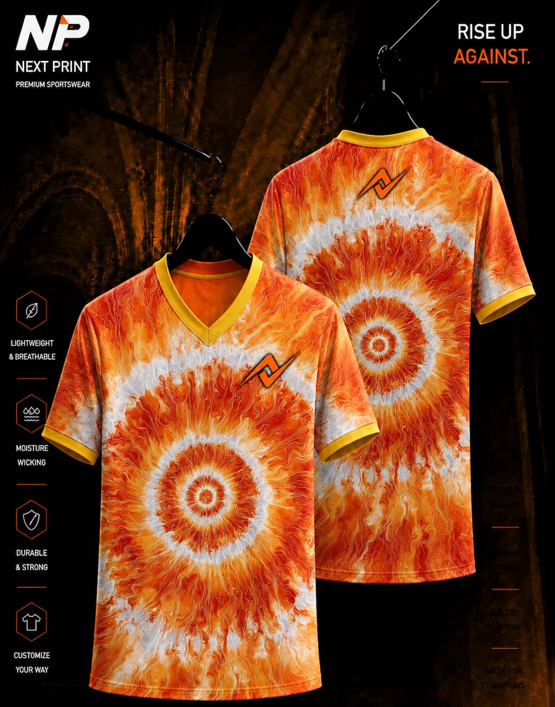 Orange and white energy spiral sublimation V-neck sports jersey front and back by Next Print
