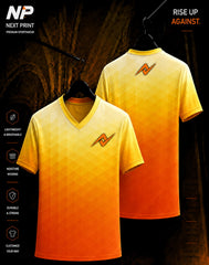 Orange and yellow geometric gradient sublimation V-neck custom sports jersey by Next Print with front and back view
