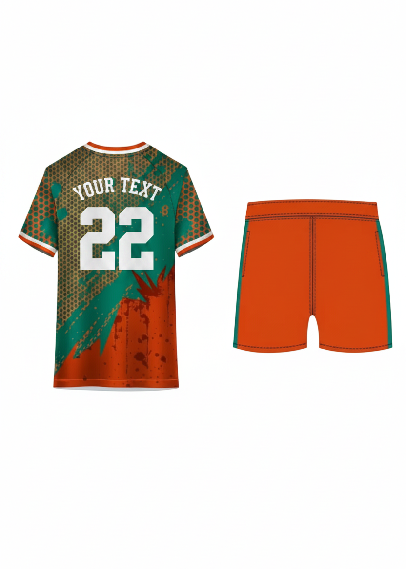 Orange and teal custom sports jersey with matching shorts for cricket, football and team uniform sublimation printing design.