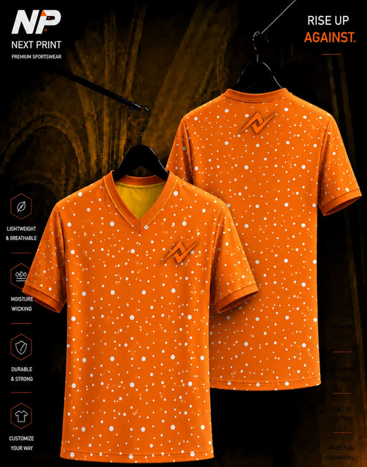 Orange polka dot premium sublimation V-neck custom sports jersey with front and back mockup for team uniforms.