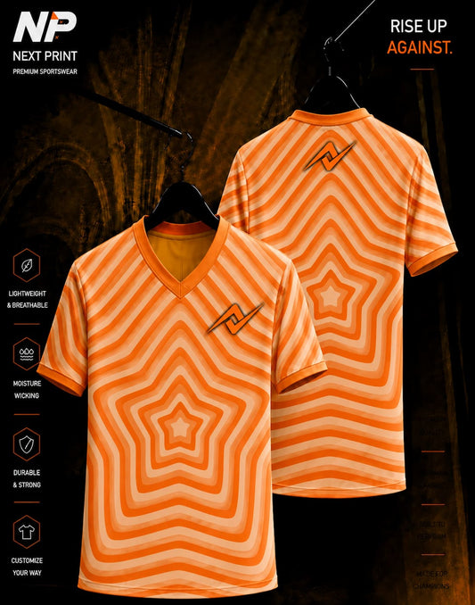Orange retro star wave sublimation V-neck sports jersey front and back design by Next Print