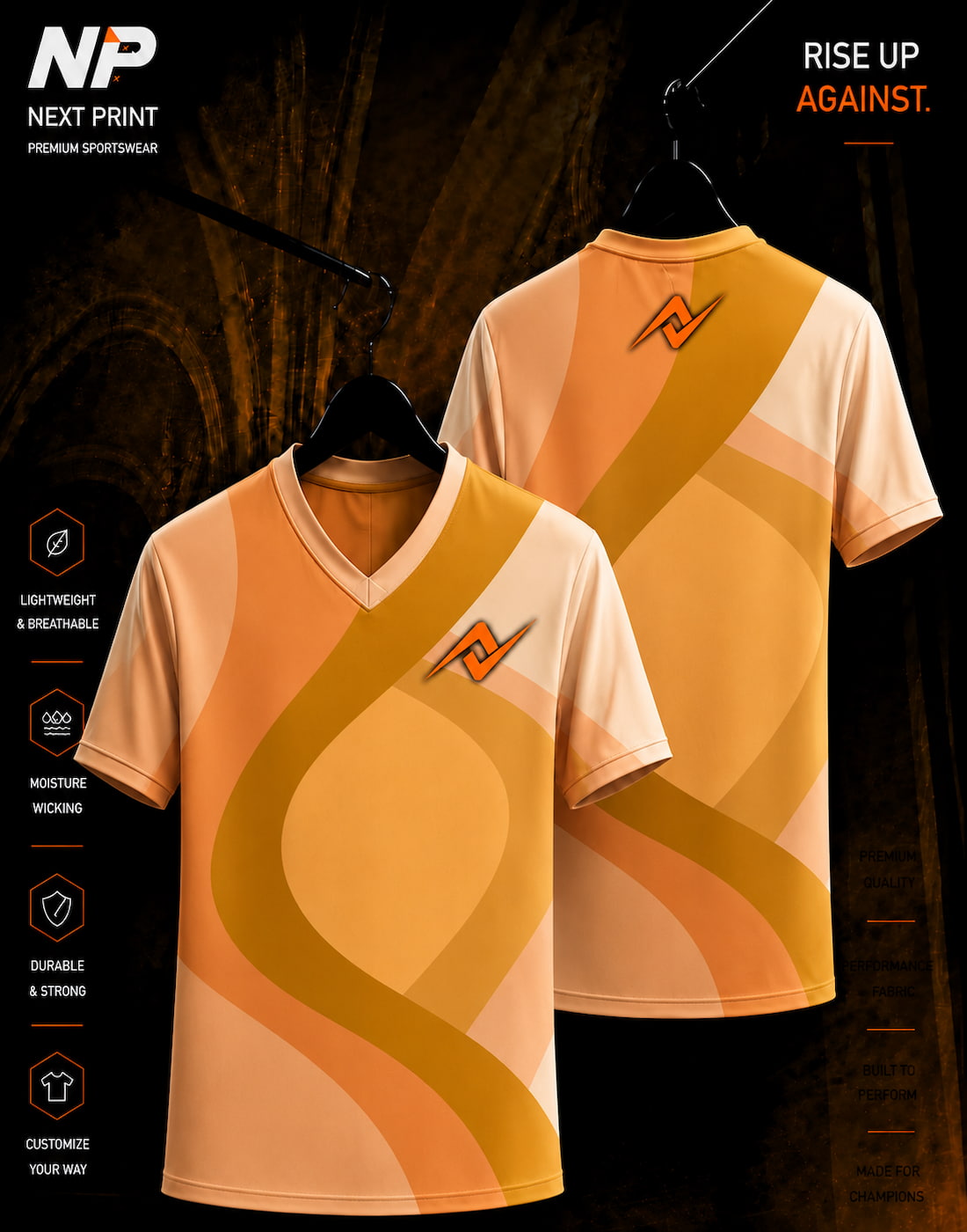 Orange retro abstract wave sublimation V-neck sports jersey with front and back view by Next Print
