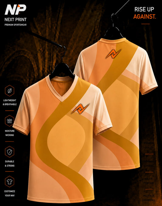Orange retro abstract wave sublimation V-neck sports jersey with front and back view by Next Print