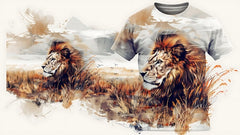 Next Print a painting of a lion with a blanket on it printed T-Shirt.