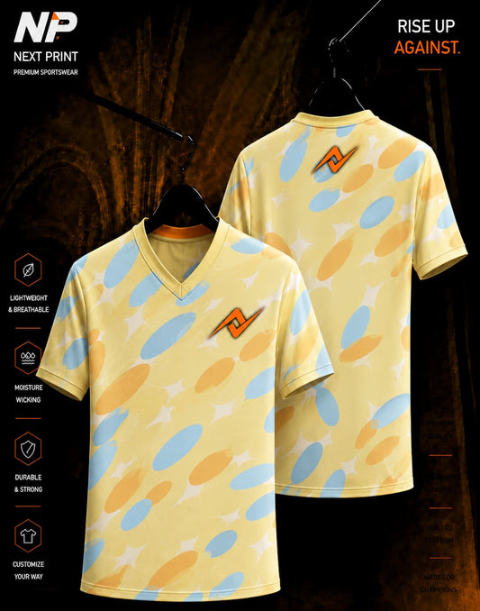 Pastel yellow blue and orange abstract V-neck sublimation sports jersey front and back by Next Print
