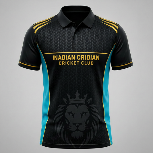 Black and blue sports jersey with 'Mumbai Indian Cricket Club' text on a gray background