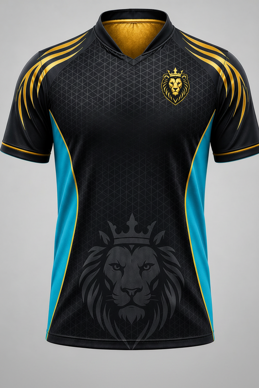 Black sports jersey with red and gold accents on a gray background